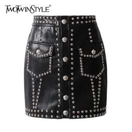 Twotyle rebites pesados ​​PU pulseira pulseira alta cintura única saia mini peito para mulheres estilo punk primavera moda 210621