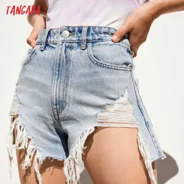 Tangada Kvinnor Tassel Ripped Denim Shorts Side Zipper Fickor Kvinna Retro Basic Casual Shorts Pantalones 4M196 210609