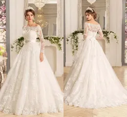 Bateau Long Sleeves A Line Wedding Gowns Plus Size Lace Appliques Formal Church Bridal Dresses Buttons Back Sweep Train Vestidos De Novia Beaded Belt 2021 AL9245