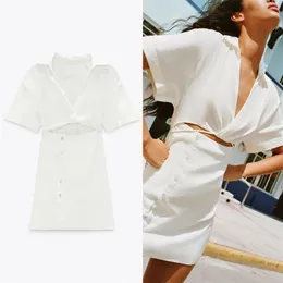 Vintage Za Dress Women White Short Sleeve Cut Out Summer Chic Side Zip False Button Up Woman Fit Mini Party es 210623