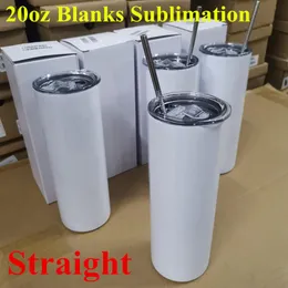 US STOCK 20oz Sublimation Straight Tumblers Blanks White Stainless Steel Vacuum Insulated Tapered Slim DIY Cup Car Coffee Mug And Straw