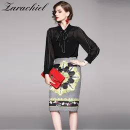 Bahar kadın Yay Yaka Siyah Bluz Gömlek + Ekose Çiçek Baskı Midi Paketi Kalça Etek Suit Ofis Lady İki Parçalı Set 210416