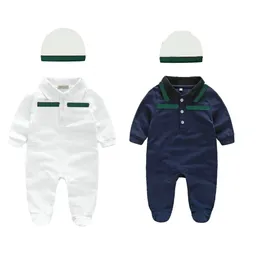 100% bomull spädbarn + hatt 2pc Baby Boys Girls Designer Romper Långärmad Kortärmad Broderad Brev Jumpsuits Kids kläder