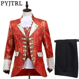 PYJTRL Men Five-piece Set Europe Style Court Marshal Clothing Groom Wedding Red Mens Suits Party Stage Singer Costume X0909