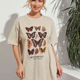 1pcs Butterfly Tees Cully Tees Samma Butterfly Vår och Summer Loose American Retro Mjölk Te Kortärmad T-shirt för kvinnor Topp 210518