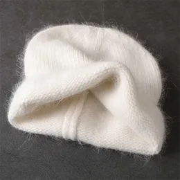 Gorro de invierno de piel de conejo de Angora a la moda para mujer, gorros de punto suave para exteriores, gorro de punto frío para esquí, venta al por mayor 211119