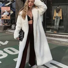 Winter Women Faux Rabbit Fur Coat Lengthen knee Fur Coat Loose Lapel OverCoat Thick Warm Plus Size Female Plush Coats 211110