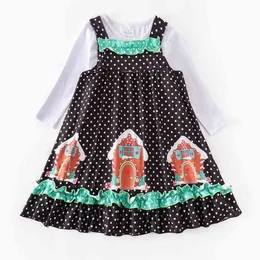 GirlyMax 2 färger Jul 2 st T-shirt Klänning Baby Tjejer Gingerbread Cookie House Polka Dots Dress Kids Kläder Ruffles G1218