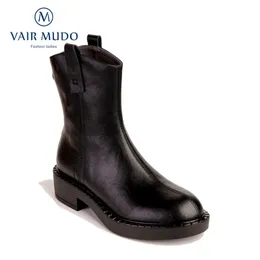 Boots VAIR MUDO Women Shoes Ankle Round Toe Thick Bottom Platform Genuine Leather Office Lady Slip On Black Winter DX158L