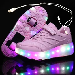 USB laddning av svarta två hjul lysande sneakers LED Light Roller Skate Shoes For Children Barn Ledskor pojkar flickor skor 28-43 x0719