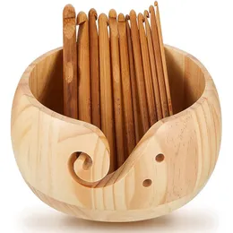 Noções de costura ferramentas tigela de fio de madeira, tigela de armazenamento de madeira com 12 peças de ganchos de crochê de bambu para crochê tricô artesanato diy