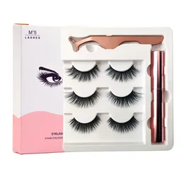 3 Pairs Magnetic Eyelashes False Lashes +Liquid Eyeliner +Tweezer eye makeup set 3D magnet Natural reusable No Glue Needed.