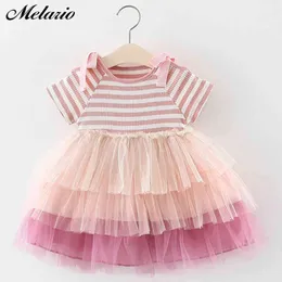 Melario Baby Girl Abiti New Girl Birthday Dress Neonato Summer Princess Cupcake Abiti a righe Abito a maniche corte in cotone 210412