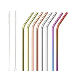 Drinking Straws 8pcs Stainless Steel Coloured Reusable Includes 2pcs Long Cleaning Brushes