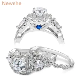 彼女 2 個ハロー 925 スターリングシルバー結婚指輪女性用 1.5 CT ラウンドペアカット AAAA CZ クラシックジュエリー婚約指輪セット 210610