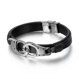 Fashion Handcuffs Men Bracelets Bangles Gold Silver Color Stainless Steel Men Bracelets Black Silicia Leahter Bracelet Jewelry Q0720