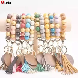 Armband Keychain Trä Beaded Tassels Keychain Party Favorit Personlig Skiva Oranament Souvenir Wristlet Key Ring Kvinnor Armband WCSD