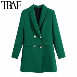 TRAF Women Fashion Double Breasted Long Blazer Coat Vintage Sleeve Flap Pockets Female Outerwear Chic Veste Femme 211122