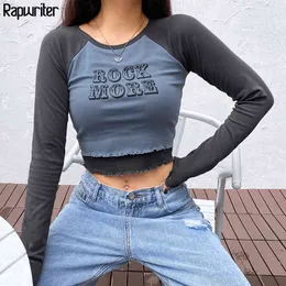 Fake 2 Pieces Contrast Color Y2k Crop Tops Women Hot O-Neck Long Sleeve Casual T Shirt Tee Shirt Femme Streetwear Rawpriter 210415