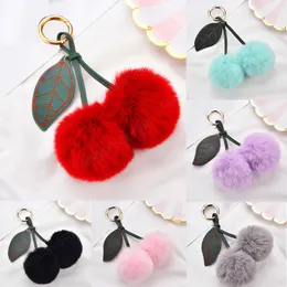 Cute Cherry Artificial Rabbit Fur Ball Keychain Keyring Pompom Leaf Handbag Pendant Car Key Chain Ring Holder Accessories