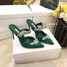 2021 Moda Panie Crystal Dress Buty Luksusowe Designer High Heel Sandals Presyted Toe Sexy Wedding Mules 34-42 Duży rozmiar