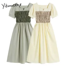 Yitimuceng Kadınlar için Dantelli Elbiseler Yaz Patchwork MIDI Yüksek Bel Puf Kol Kayısı Yeşil Sundress Moda Elbise 210601