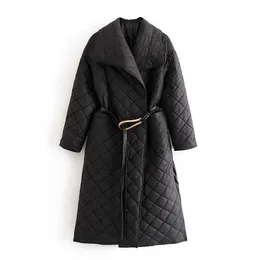 Höst och vinter Silhouette Diamond Check Cotton Coat Lapel Side Slit Waist Belt Midlängd Varm Kvinnors Jacka 210521