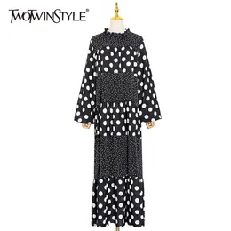 TWOTWINSTYLE Hit Color Print Polka Dot Casual Dress For Women O Neck Lantern Sleeves Oversized Loose Dresses Female Spring 210517