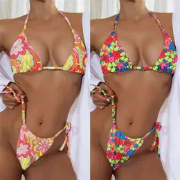 Sexy Push Up Bikinis Set Print Women's Swimwear Broken Flower Swimsuit Side Tie Bathing Suit BeachWear Biquini 210722