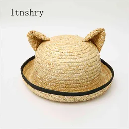 2022 Ny sommar ny katt öron handgjord naturlig halm sol hatt med båge för kvinnor solid strand cap tjejer UV skydd Sunhat G220301
