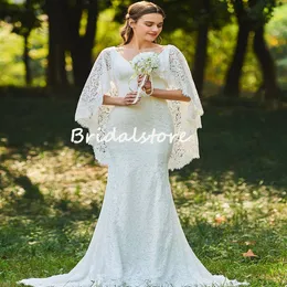 Rustic Boho Full Lace Mermaid Wedding Dress With Cape 2022 White V Neck Hippies Bohemian Wedding Dresses For Bride Elegant Summer Country Garden Floor Length Bridals