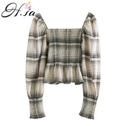 H.SA Vrouwen Blouse Mode Lange Mouwen Off Shoulder Blusa en Kaki Losse Plaid Tops Sexy Slash Neck Blusas 210417