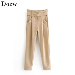Women High Khaki Waist Pants With Belt Elegant Lady Office Solid Suit Fashion Bottoms Female Full Length Pleated Trousers 210515