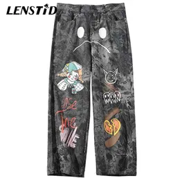 LENSTID HIP Byxor Streetwear Men Loose Denim Graffiti Print Svart Vintage Jeans Harajuku Joggers Bomullsbyxor 210723