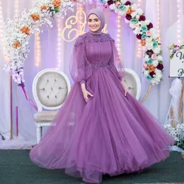 Purple Beaded Muslim Prom Dresses High Neck Appliqued Long Sleeves Evening Gowns Floor Length Tulle Formal Dress