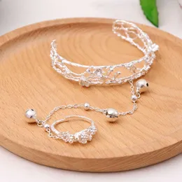 New Cheap Silver Color Bracelet Butterfly Crystal Bell Bangles with Ring Finger Women Bride Wedding Accessories Fashion Jewelry Q0719