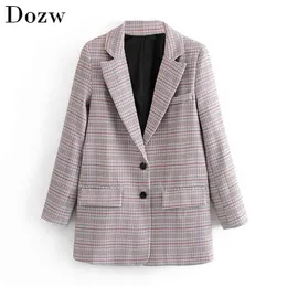 Eleganta damer kontor plaid blazers passar singel breasted notched neck vintage coat kvinnor fickor dekorera outwear blazer mujer 210515