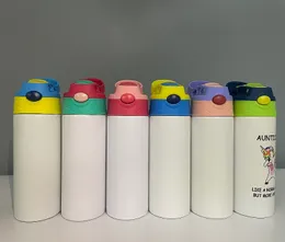 Sublimation Blanks Kid Water Bottles Tumblers 350ML 12oz Sippy Bouncing Cups Heat Transfer Coated Cartoon Double Wall Stainless Steel Child Mug DHL