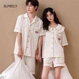 SLPBELY Cotton Couple Pajamas Homesuit Set Summer Casual Lapel Men And Women Short Sleeves Pyjamas Lovers Homewear Sleepwear 210809