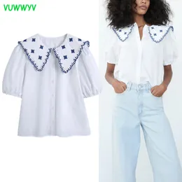 Koszule dla kobiet Biały haft Poplin kobieta Lato krótki przycisk rękaw puffowy w górę koszulki vintage damskie topy 210430