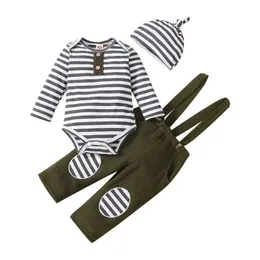Nyfödda Baby Boys Casual Fall Klädsuppsättningar, 3 st Soft Fashion Stripe Långärmad Romper och Suspenderbyxor med hatt för spädbarn G1023