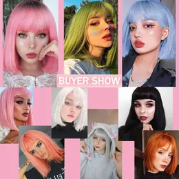 Hair Synthetic Wigs Cosplay Azqueen Synthetic Bob Wigs Short Straight with Bangs for Women Black Pink Party Daily Use Shoulder Length 220225