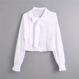 Blsqr Tatlı Moda Ruffled Kırpma Bluzlar Kadınlar Vintage Ilmek Bağlı Uzun Kollu Kadın Gömlek Blusas Chic Tops 210430