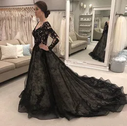 Elegant Black Lace Wedding Dress With Long Sleeves, V-Neck, Backless, Sweep Train, Illusion Bodice, Perfect For Garden, Country, Chapel, Gothic Weddings