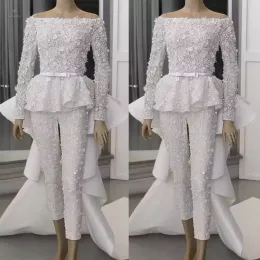 New 2022 Jumpsuit Evening Dresses Long Sleeves with Detachable Train Bateau Neck Beaded 3D Floral Applique Custom Made Tulle Sweep Train Prom Party Gown vestidos