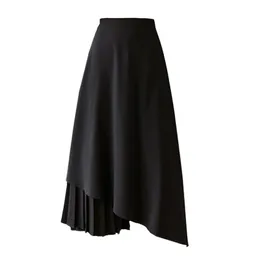 Ivory Black Solid Asymmetrical Midi Skirt High Street Empire Summer Pleated Ruched S0152 210514