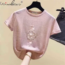 Pink Watch Beading T Shirt Women Summer Fashion T-shirt Short Sleeve Cute Tshirts Casual Korean Female Tee Tops T07405B 210421