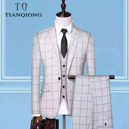 (Jackets + Vest + Pants)2019 Men's Groom Wedding Dress Plaid Formal Suits Set Men Fashion Casual Business Suit Three-piece X0909