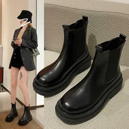 Boots Boots-Women Shoes Round Toe Chelsea 2021 High Heel Ladies Autumn Rock Lolita Basic Rome Increased Internal PVC Ankle Fabr Y1018
