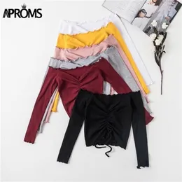 Aproms Rippen Schulterfrei Kordelzug Krawatte T-shirt Frauen Langarm Kurzarm T-shirt Sommer Casual Crop Top Weibliche T-shirts 210330